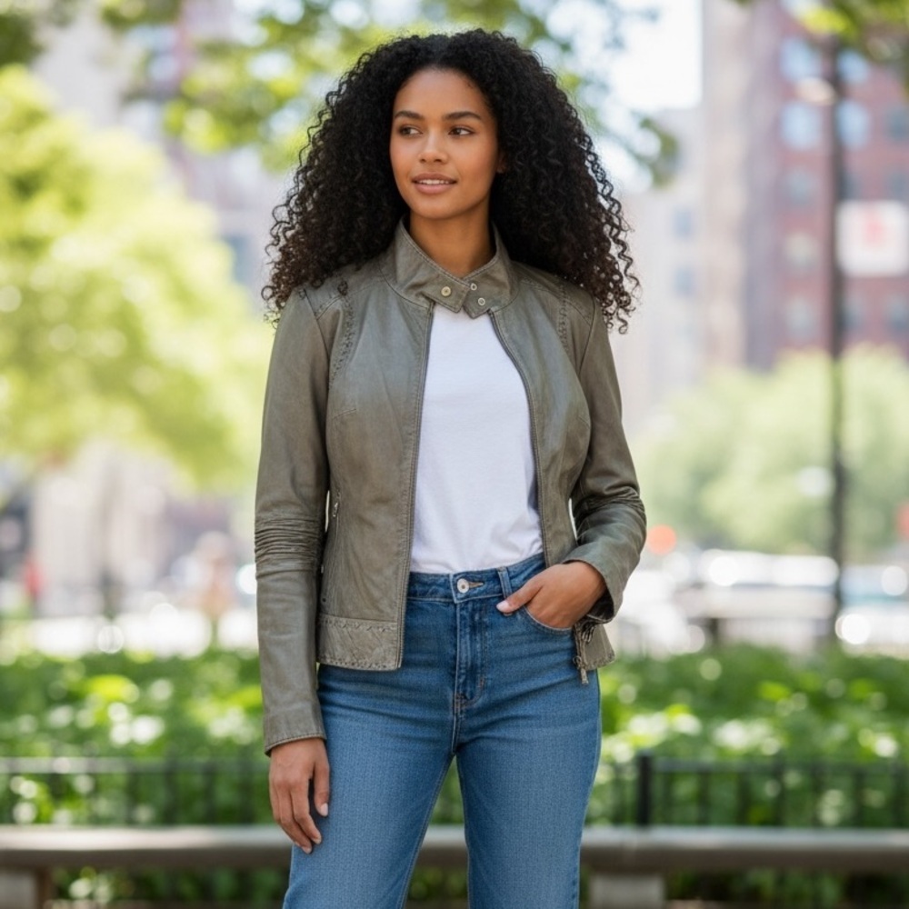 Danier Italian Leather Distressed Moto Style Jacket with Stitch Detailing